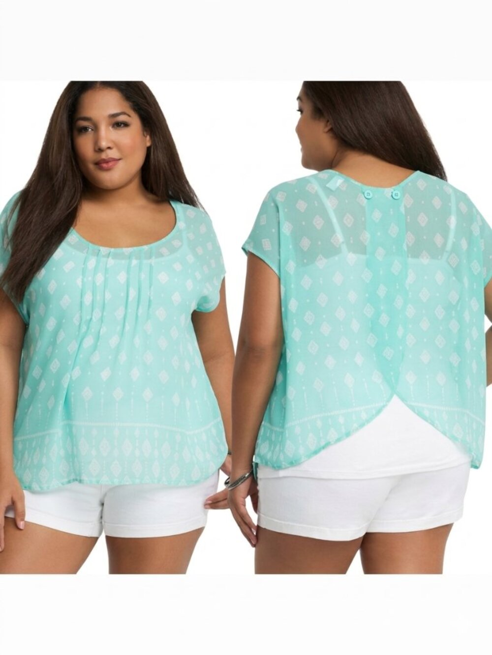 TORRID 1 Plus Size Geo Print Tulip Back Top Diamond Chiffon Aqua Blue Green 2015